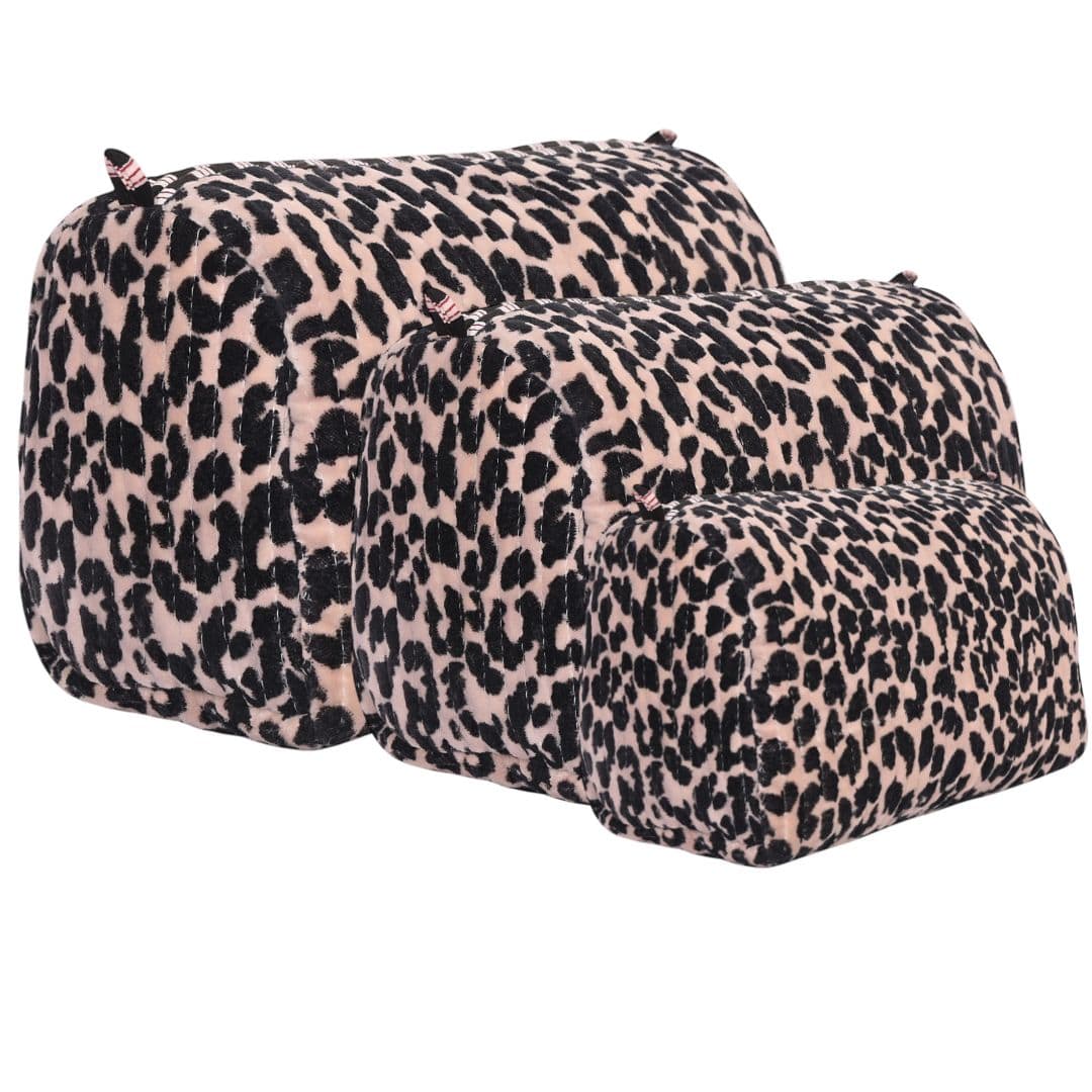 The Velvet Leopard Three Piece Travel Set — handmade quilted velvet travel pouch set, ethically made in Rajasthan, India