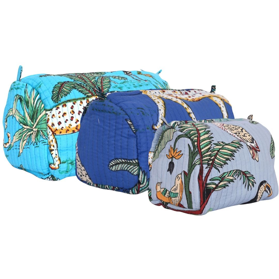 Marine colour-way of the Mixed Jungle Travel Set with three cotton pouches in blue and turquoise