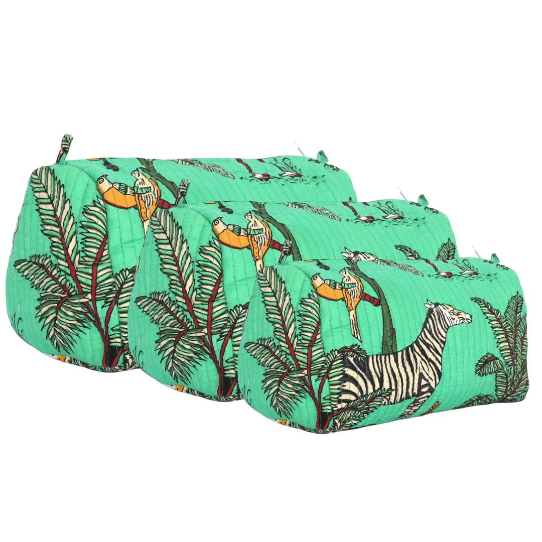 The Jungle 3 Piece Travel Set — handmade hand block printed cotton travel pouch set, ethically made in Rajasthan, India