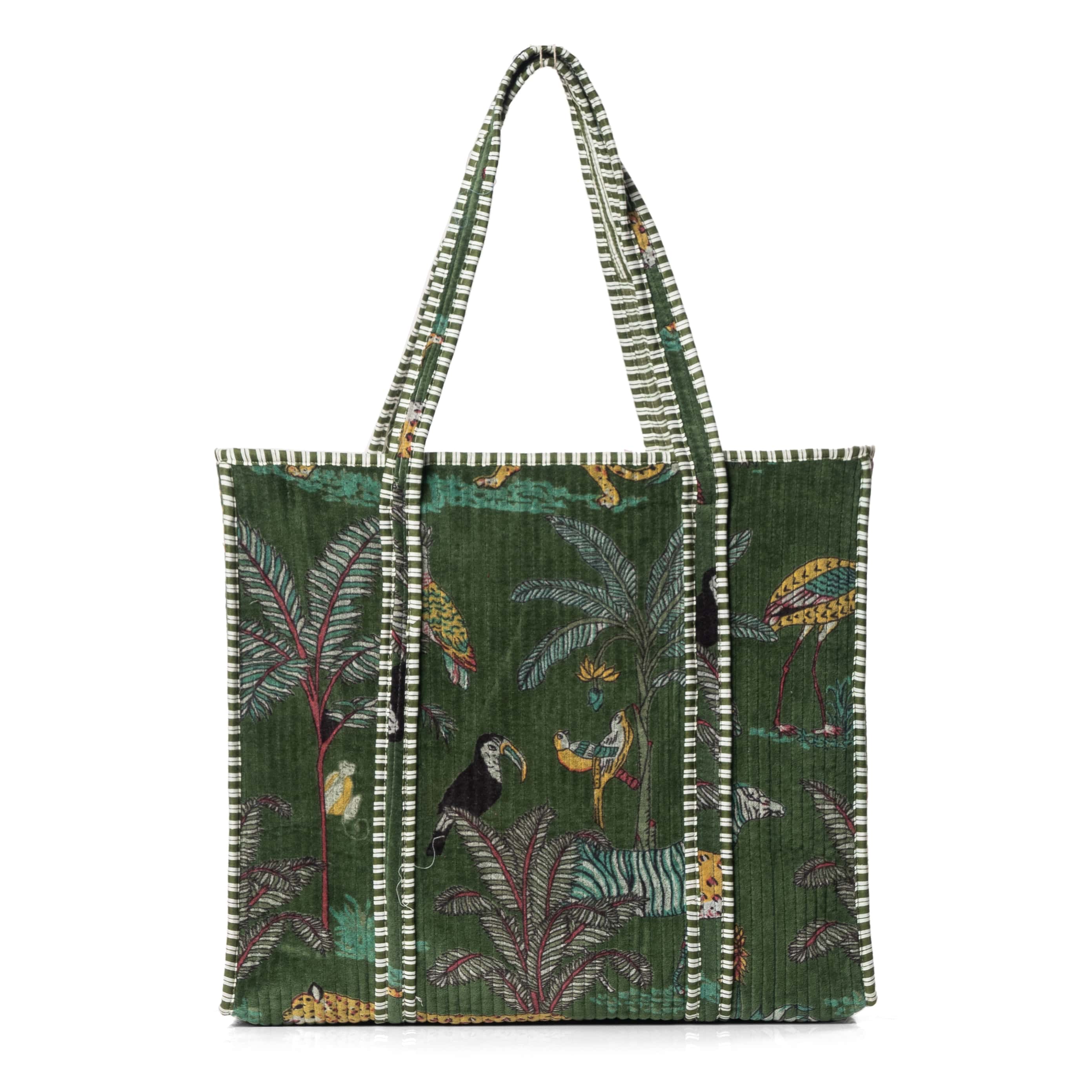 The Jungle Tote in Velvet — handmade quilted velvet tote with bold Indian jungle print, ethically made in India