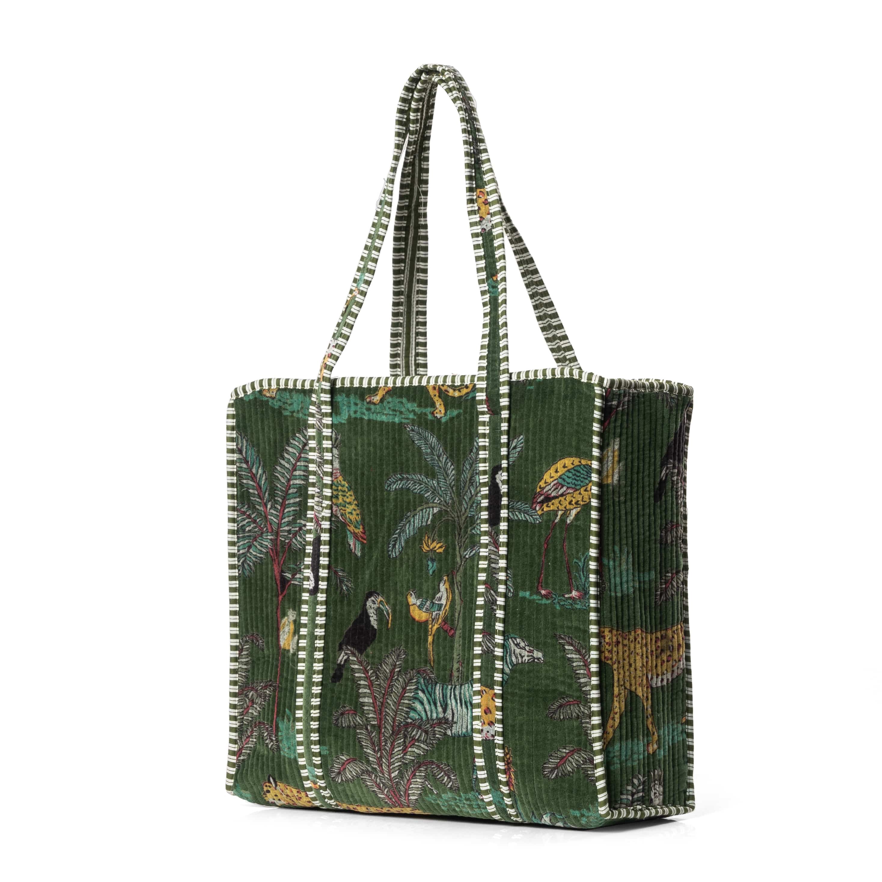 The Jungle Tote in Velvet — handmade quilted velvet tote with bold Indian jungle print, ethically made in India