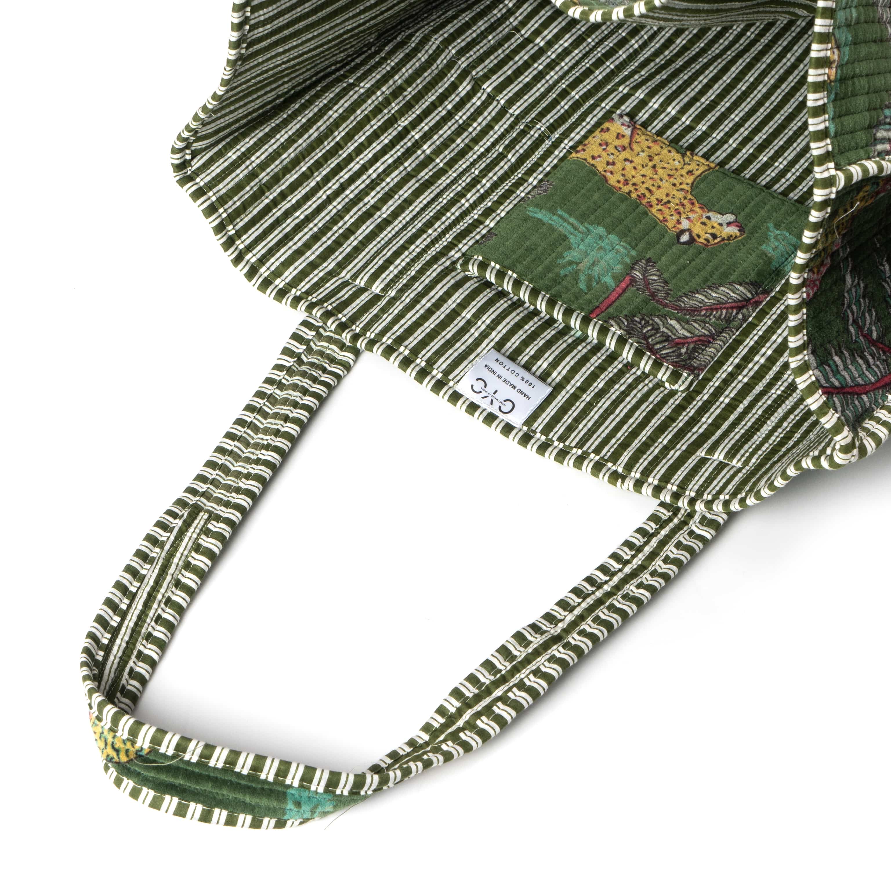 The Jungle Tote in Velvet — handmade quilted velvet tote with bold Indian jungle print, ethically made in India