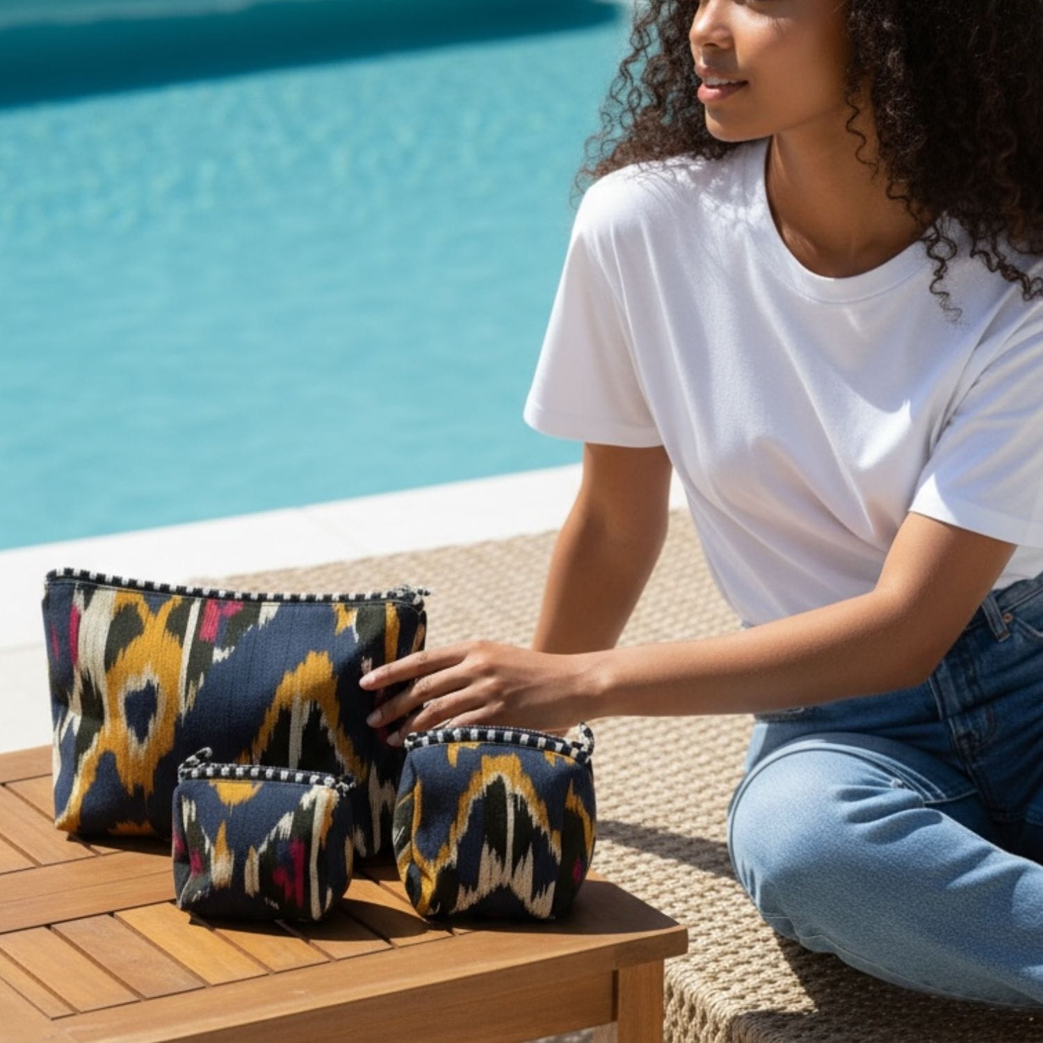 Ikat Velvet 3 Piece Travel Set — handmade quilted velvet travel pouch set, ethically made in Rajasthan, India