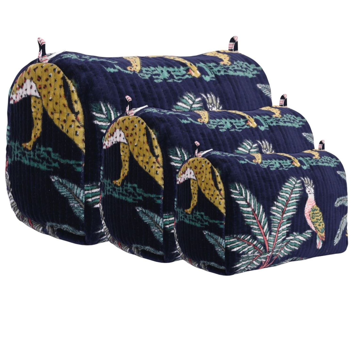 The Jungle Velvet 3 Piece Travel Set — handmade quilted velvet travel pouch set, ethically made in Rajasthan, India