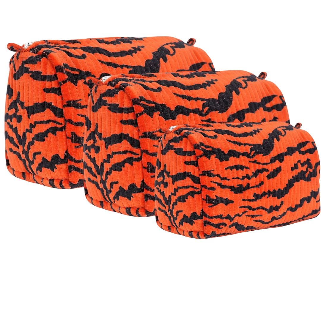 The Velvet Tiger Three Piece Travel Set — handmade quilted velvet travel pouch set, ethically made in Rajasthan, India