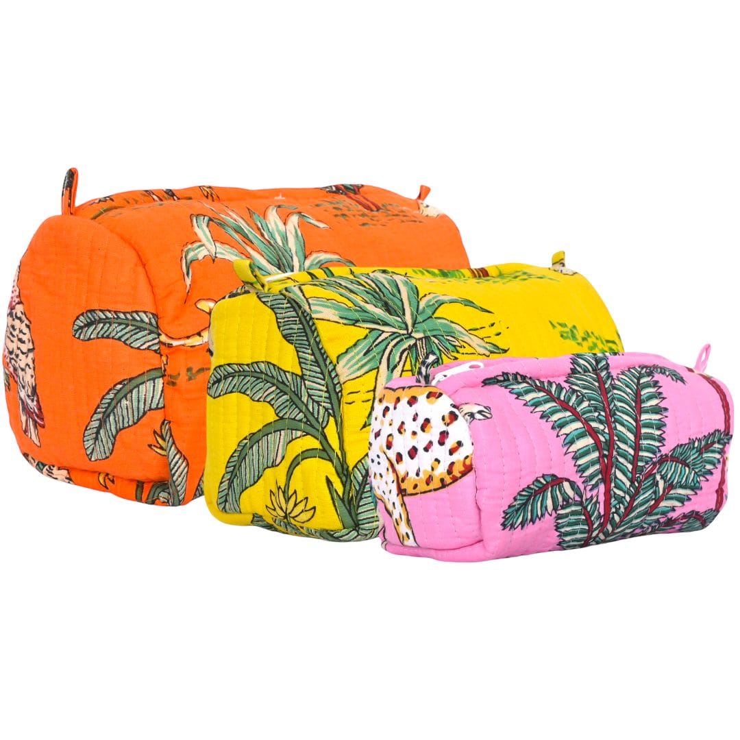 Pastel colour-way of the Mixed Jungle Travel Set with three cotton pouches in soft jungle prints