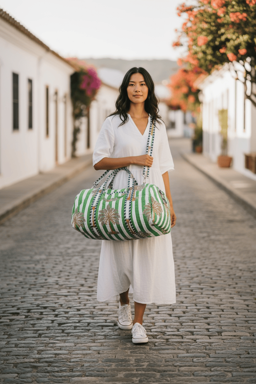 Model carrying The Palm Weekender by the top handles, walking on a sun-bleached path