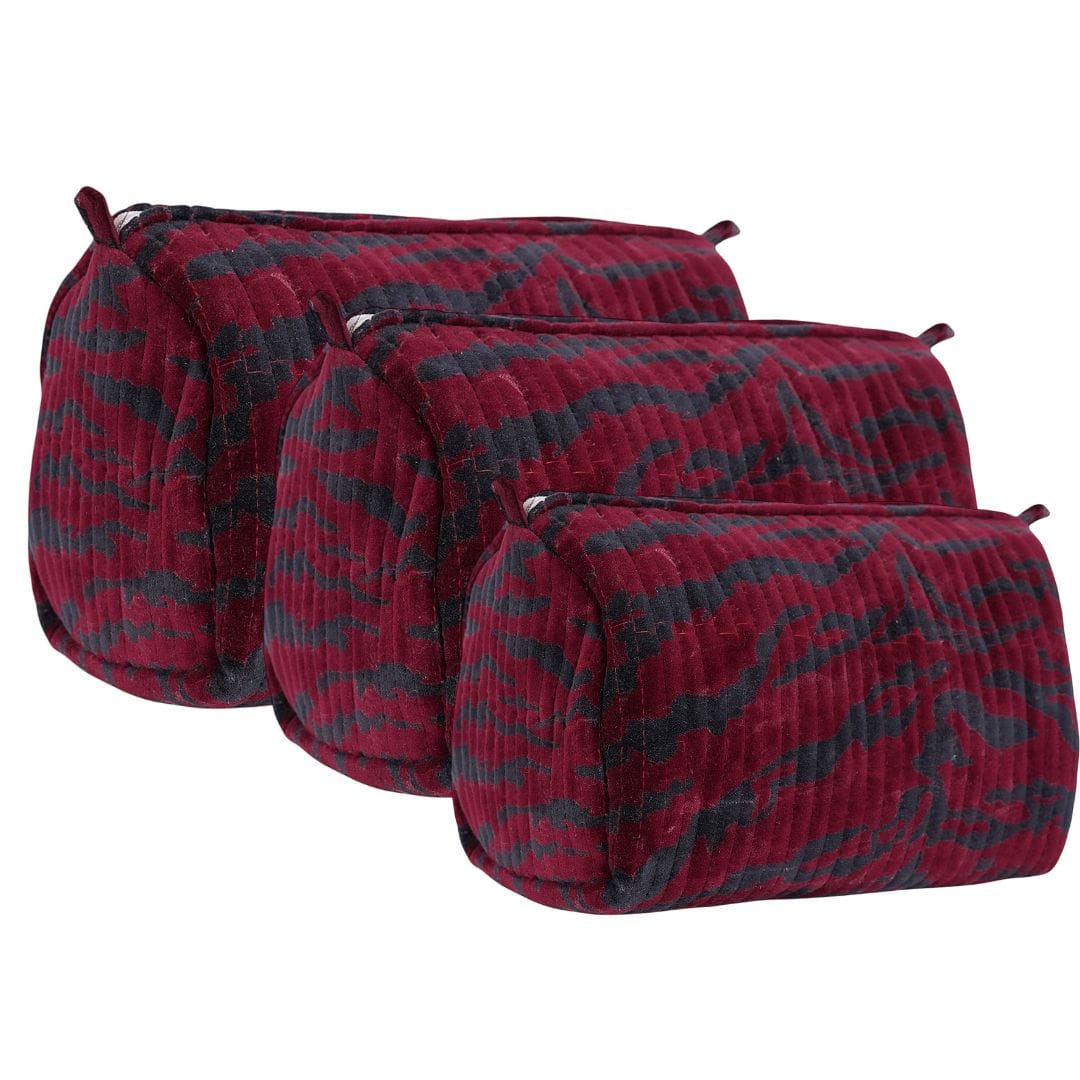 The Velvet Tiger Three Piece Travel Set — handmade quilted velvet travel pouch set, ethically made in Rajasthan, India