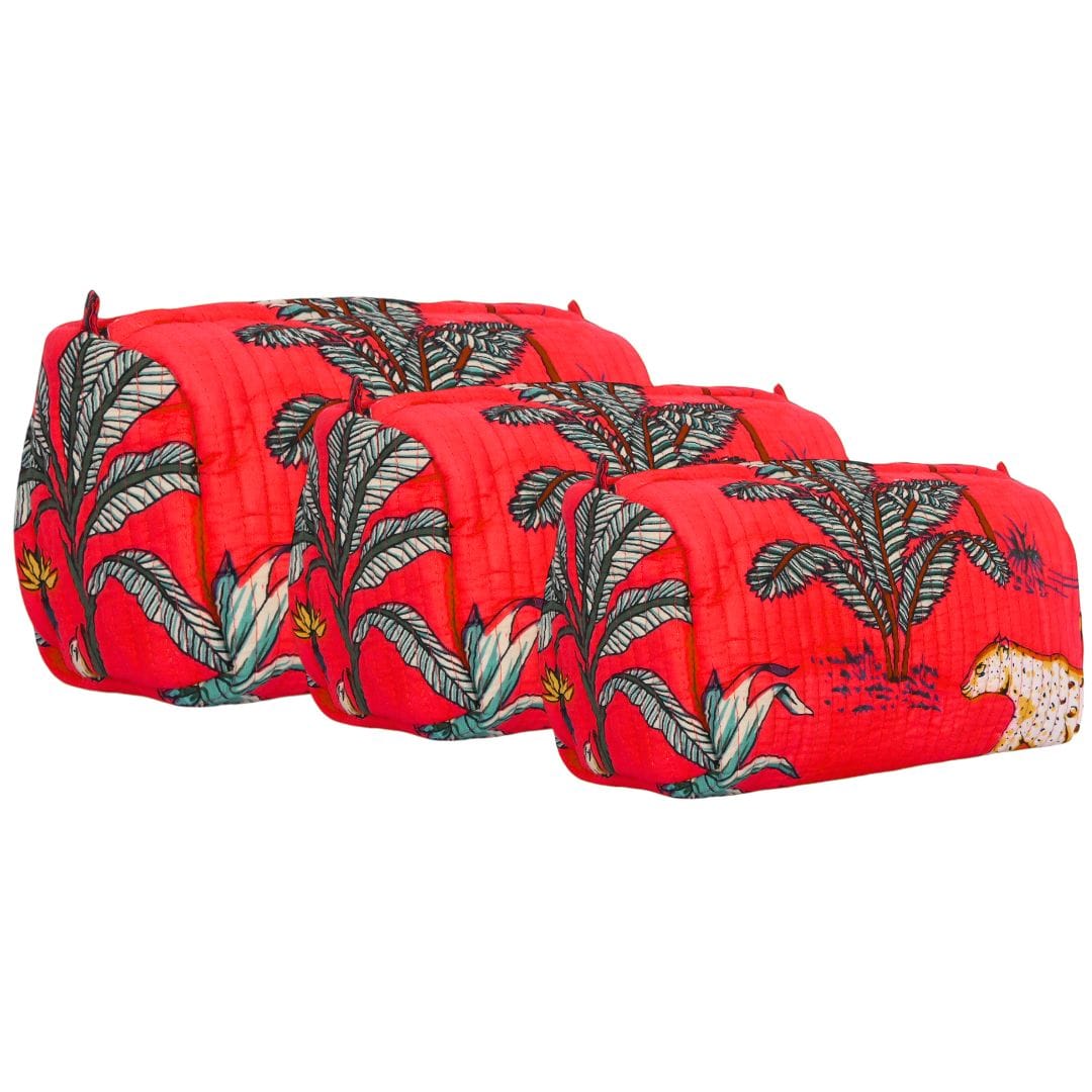 The Jungle 3 Piece Travel Set — handmade hand block printed cotton travel pouch set, ethically made in Rajasthan, India