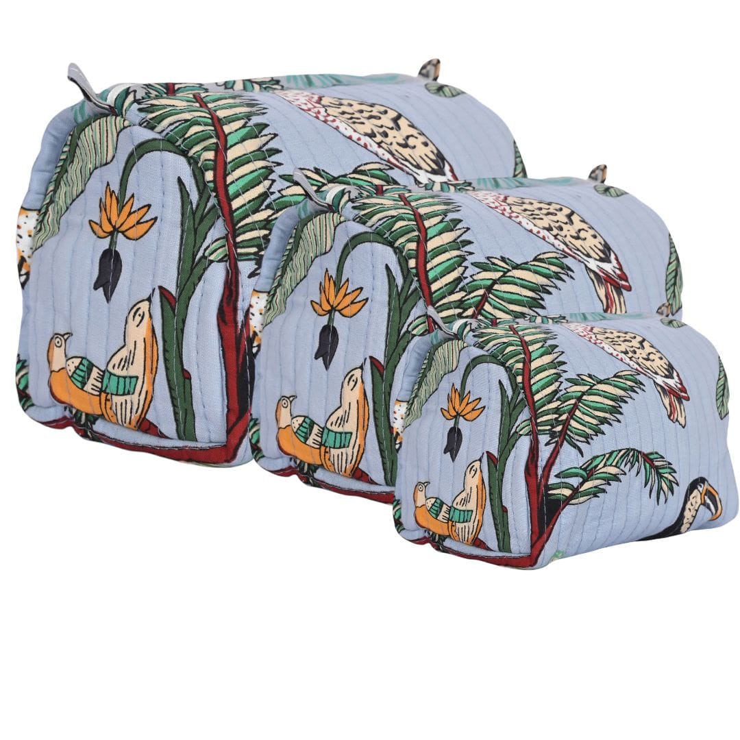The Jungle 3 Piece Travel Set — handmade hand block printed cotton travel pouch set, ethically made in Rajasthan, India