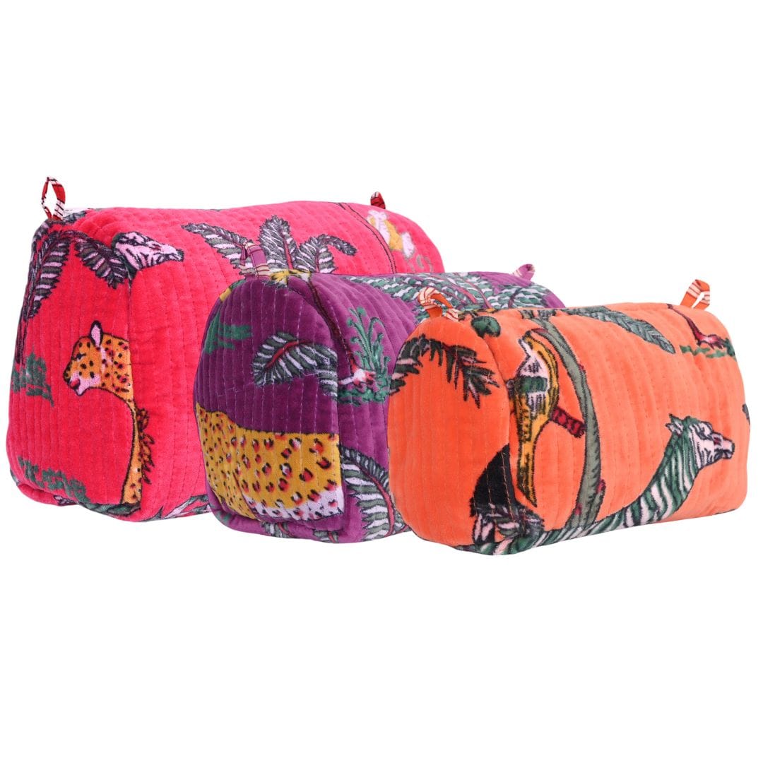 Jungle Velvet Mixed 3 Piece Travel Set — handmade quilted velvet travel pouch set, ethically made in Rajasthan, India