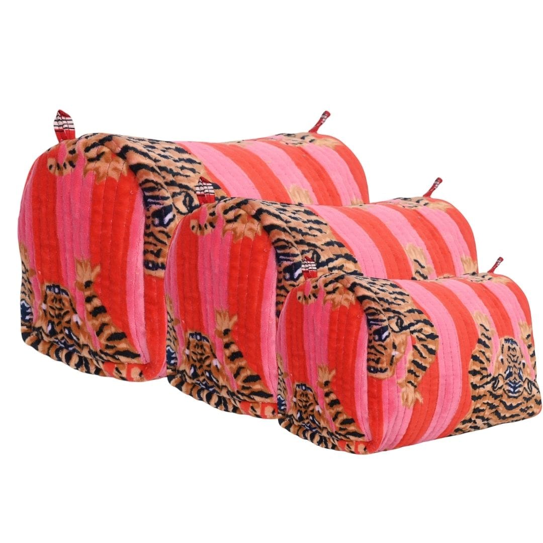 Tibetan Tiger Velvet 3 Piece Travel Set — handmade quilted velvet travel pouch set, ethically made in Rajasthan, India