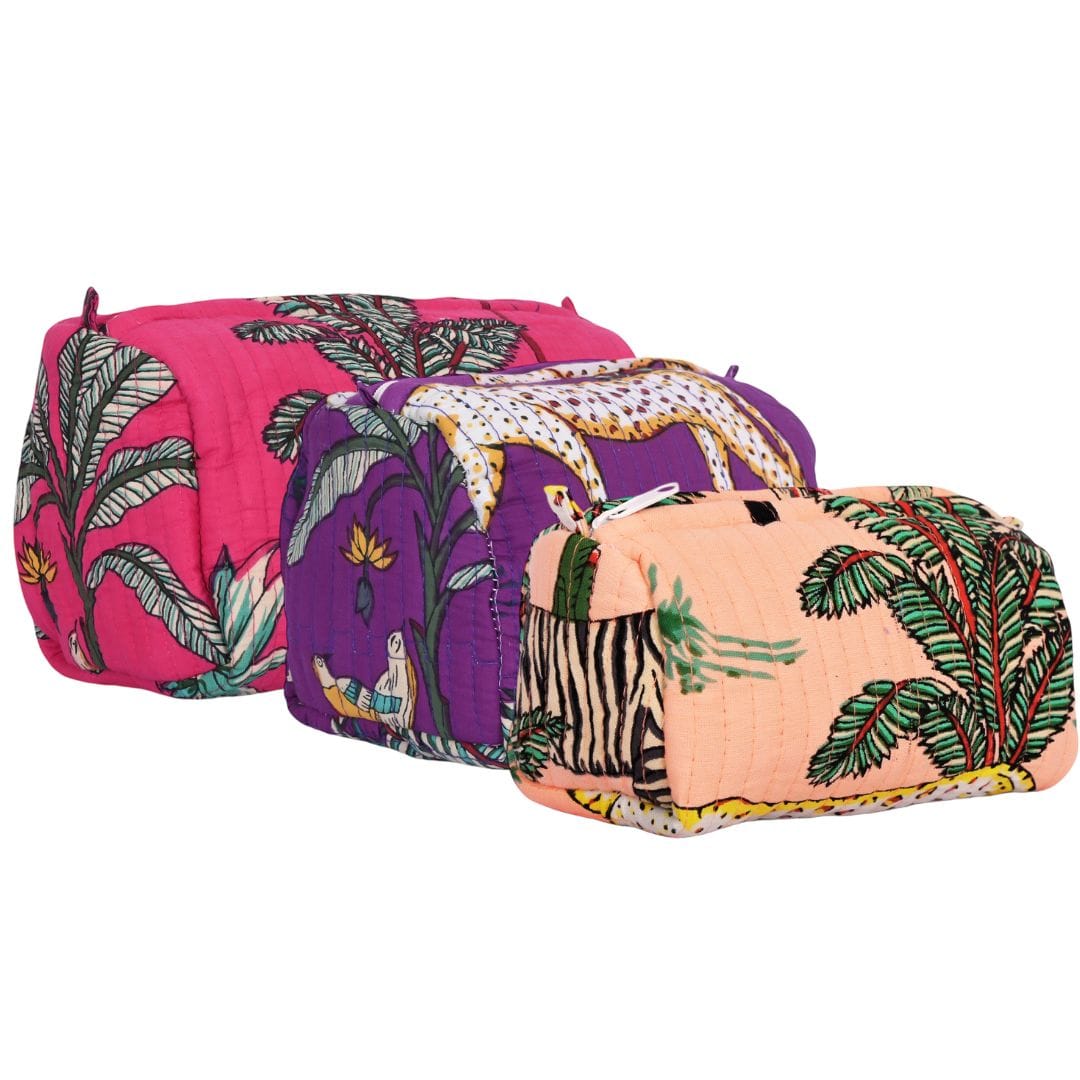 Mixed Jungle 3 Piece Travel Set shown with three jungle-print cotton pouches in tropical green and coral colours