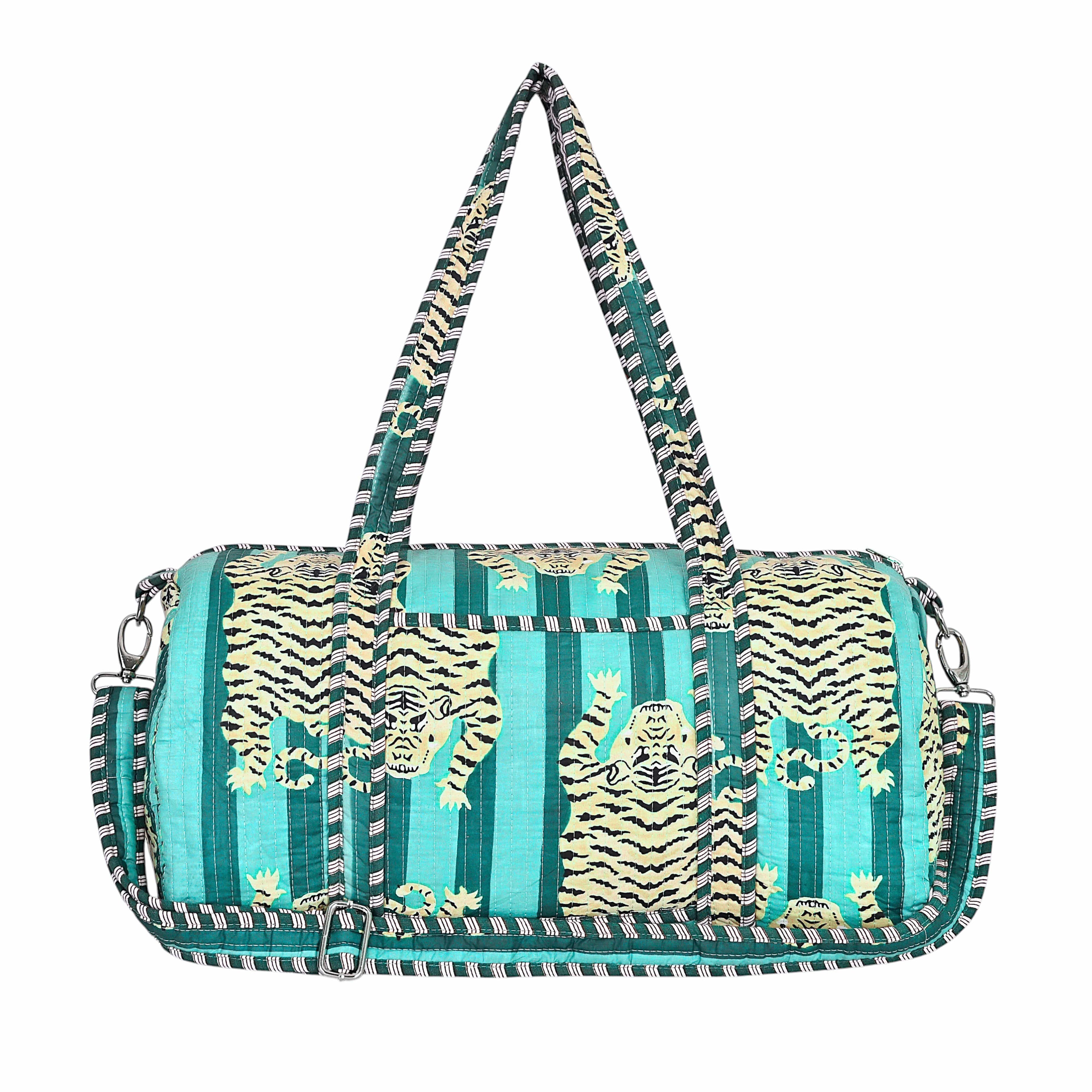 The Tibetan Tiger Weekender — handmade hand block printed cotton weekender bag, ethically made in Rajasthan, India