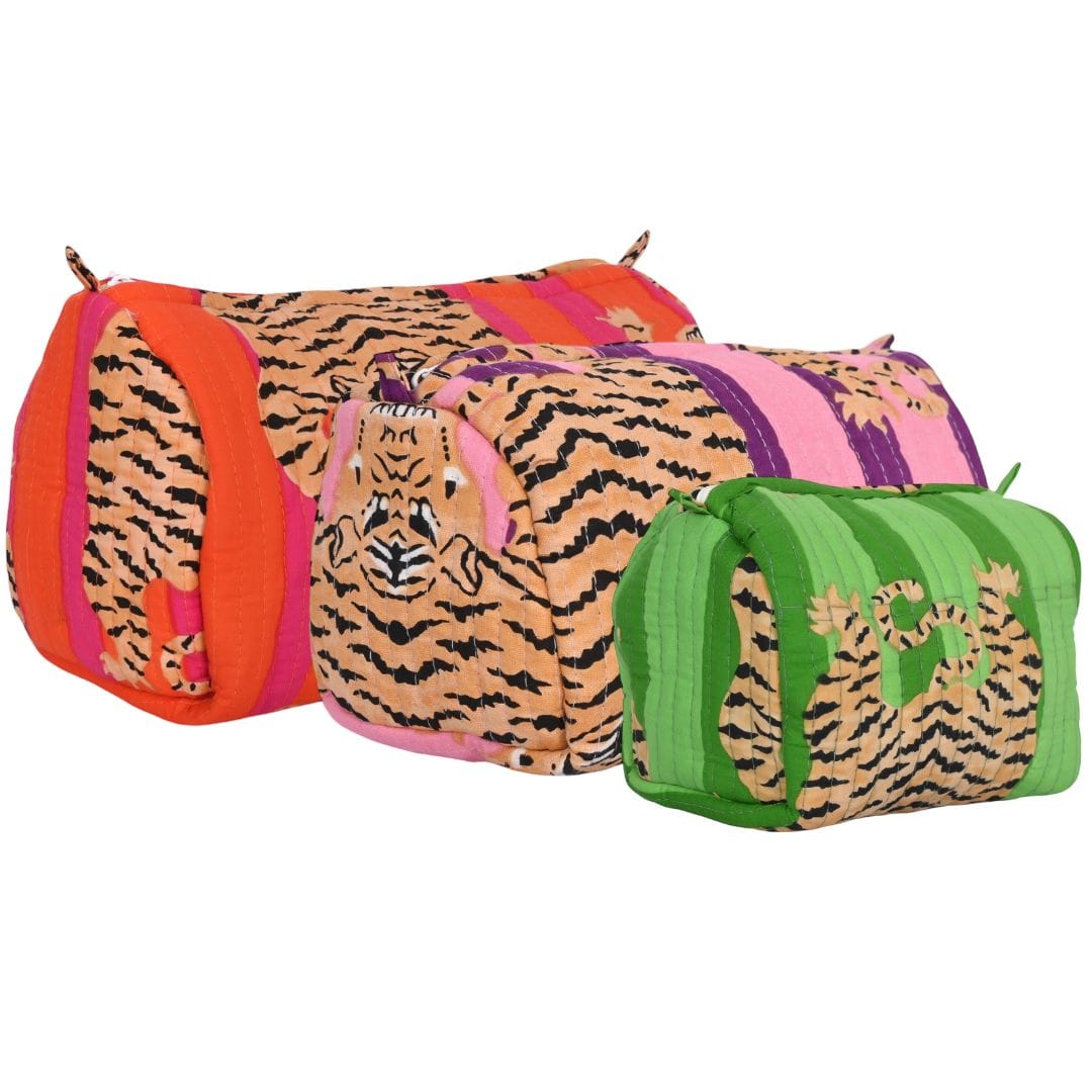 Mixed Tibetan Tiger Three Piece Travel Set — handmade hand block printed cotton travel pouch set, ethically made in Rajasthan, India