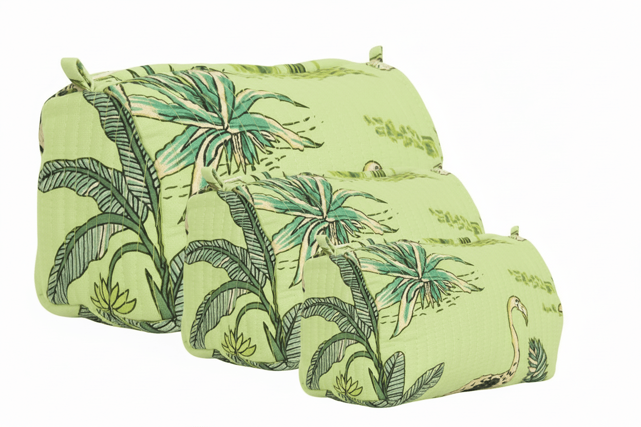The Jungle 3 Piece Travel Set — handmade hand block printed cotton travel pouch set, ethically made in Rajasthan, India