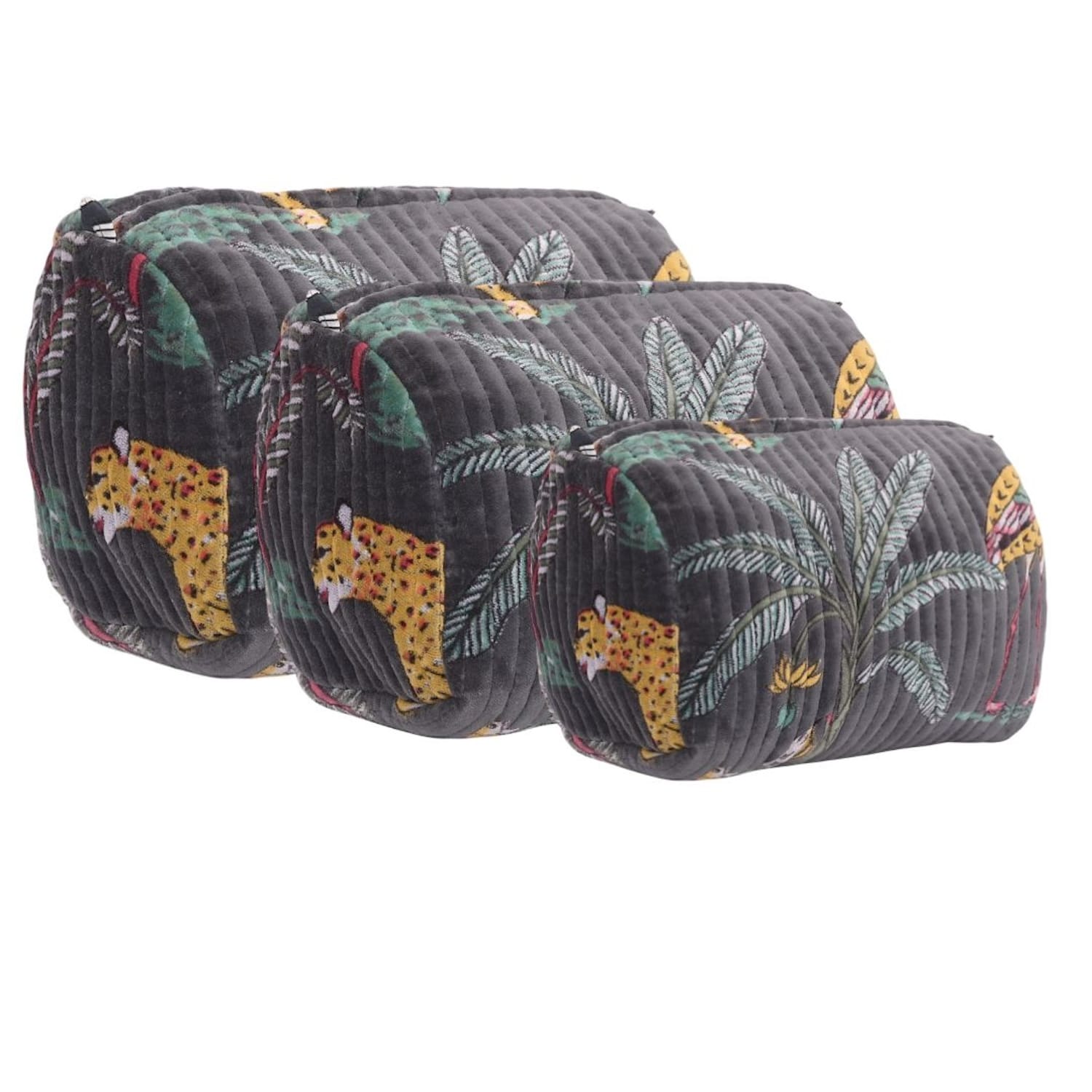 The Jungle Velvet 3 Piece Travel Set — handmade quilted velvet travel pouch set, ethically made in Rajasthan, India