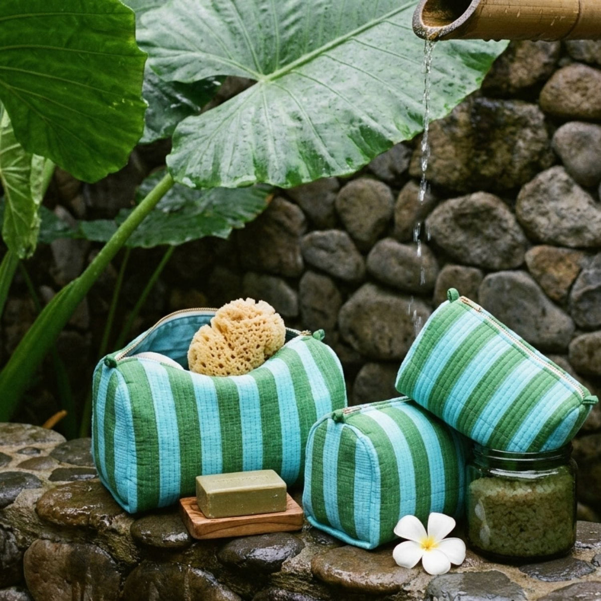 The Striped Travel Set in Green and Blue — handmade hand-block-printed cotton travel pouch set, made in India