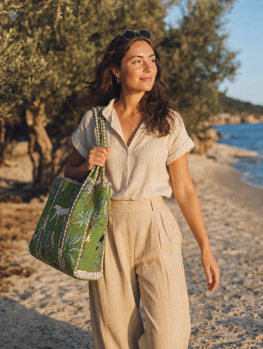 Cliffside village portrait with the Leopard Tote — hand-block-printed cotton from Conscious Yoga Collective, Italian Riviera holiday