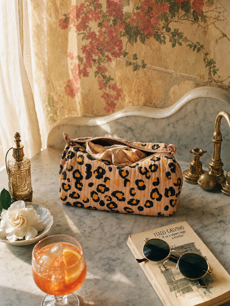 Slim Aarons mood with a handcrafted luxury bag on the Italian Riviera — hand-block-printed from Conscious Yoga Collective