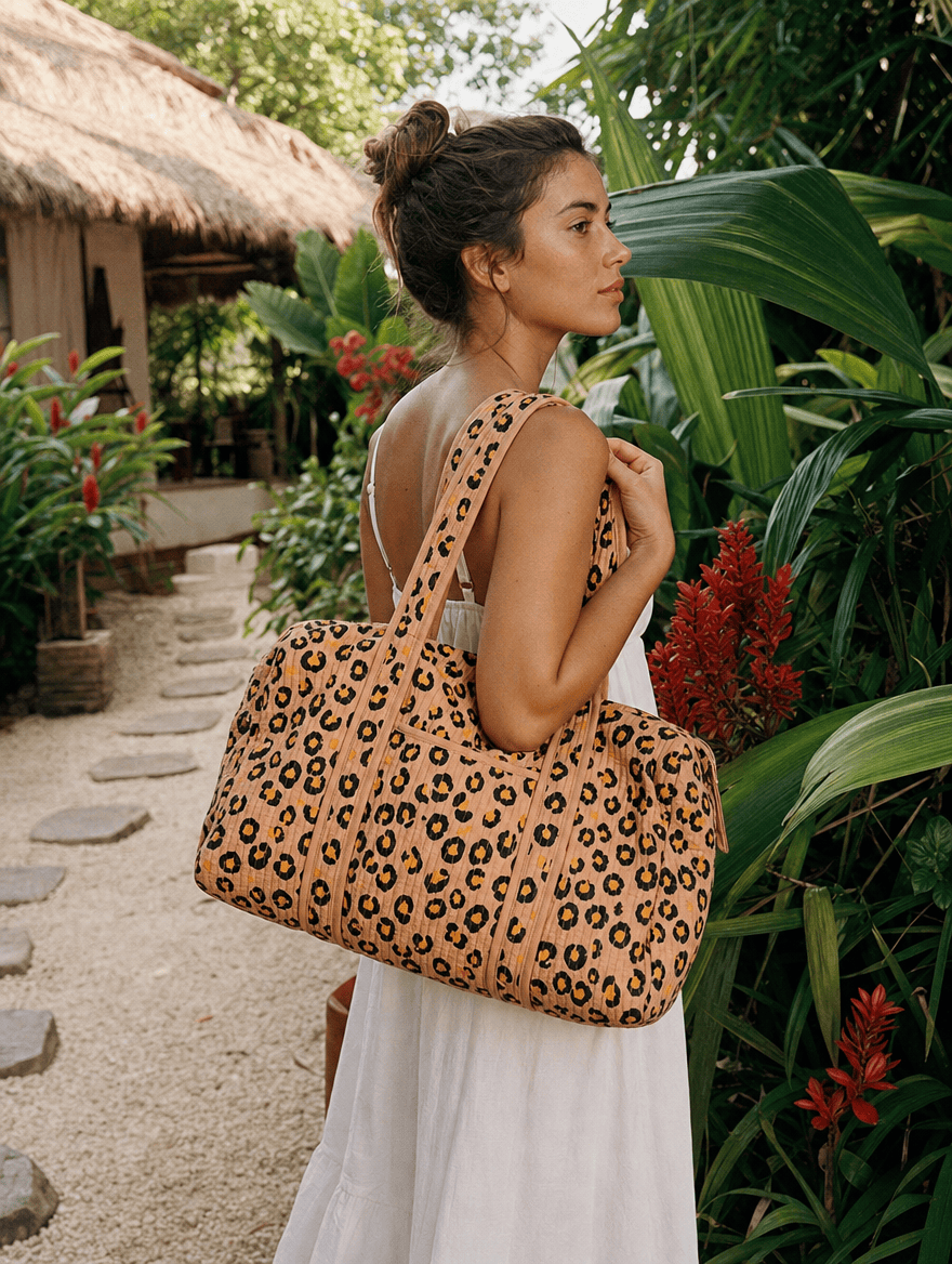 Italian holiday lifestyle scene with The Leopard Cotton Weekender — handmade cotton from Conscious Yoga Collective, Mediterranean summer