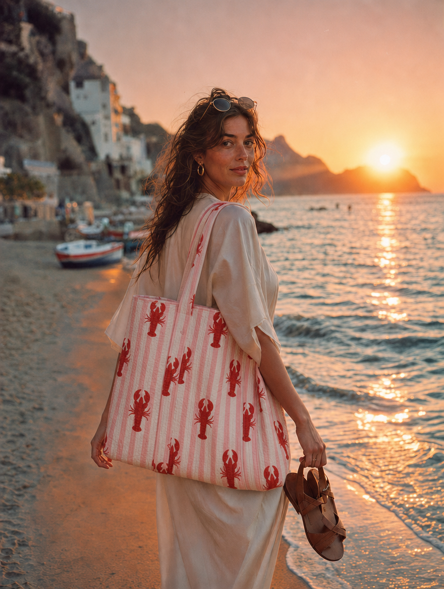 European summer scene with The Striped Lobster Tote — hand-block-printed lobster motif on cotton, ethically made in Rajasthan for Conscious Yoga Collective
