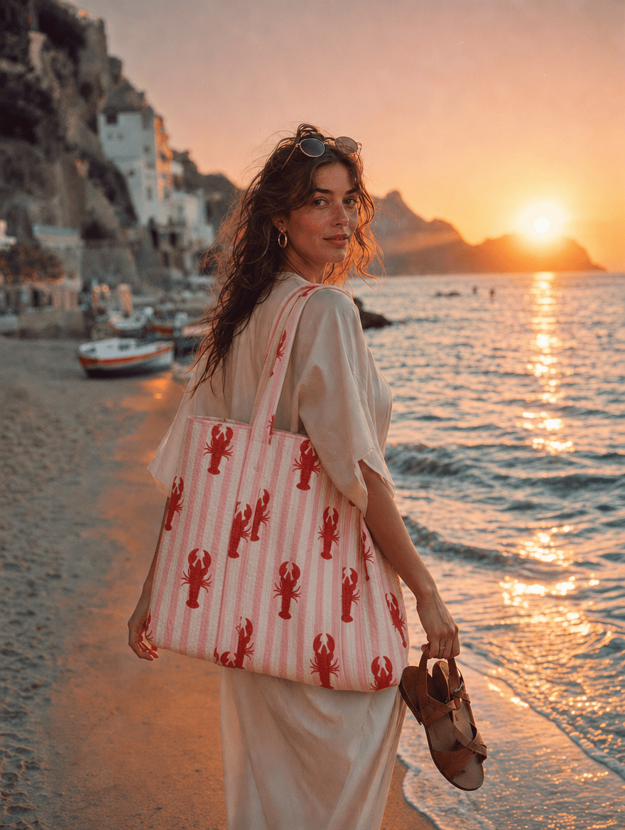 European summer scene with The Striped Lobster Tote — the lobster motif on cotton, ethically made in Rajasthan for Conscious Yoga Collective
