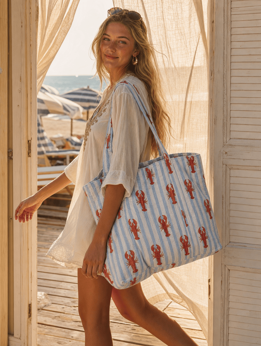 Slim Aarons mood with The Striped Lobster Tote — handcrafted lobster-print cotton bag on the Italian Riviera, Conscious Yoga Collective