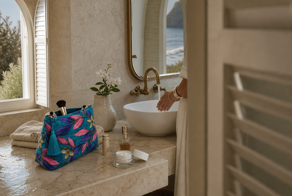 Indigo Petal Velvet Makeup Bag in pink and purple velvet holding brushes on a marble bathroom counter, handmade and ethically made in Rajasthan.