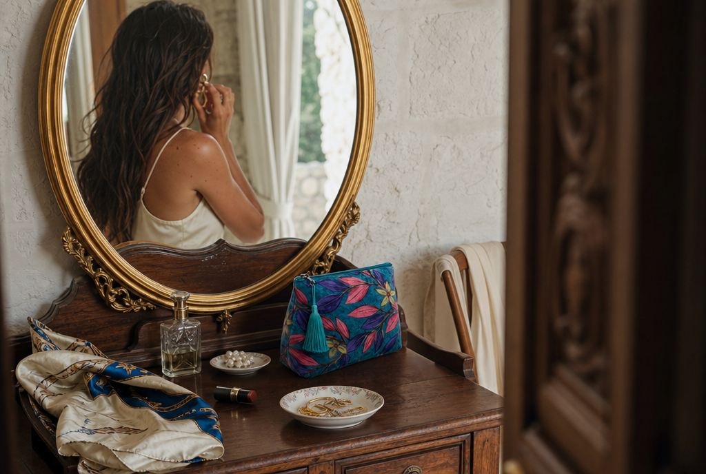 Indigo Petal Velvet Makeup Bag