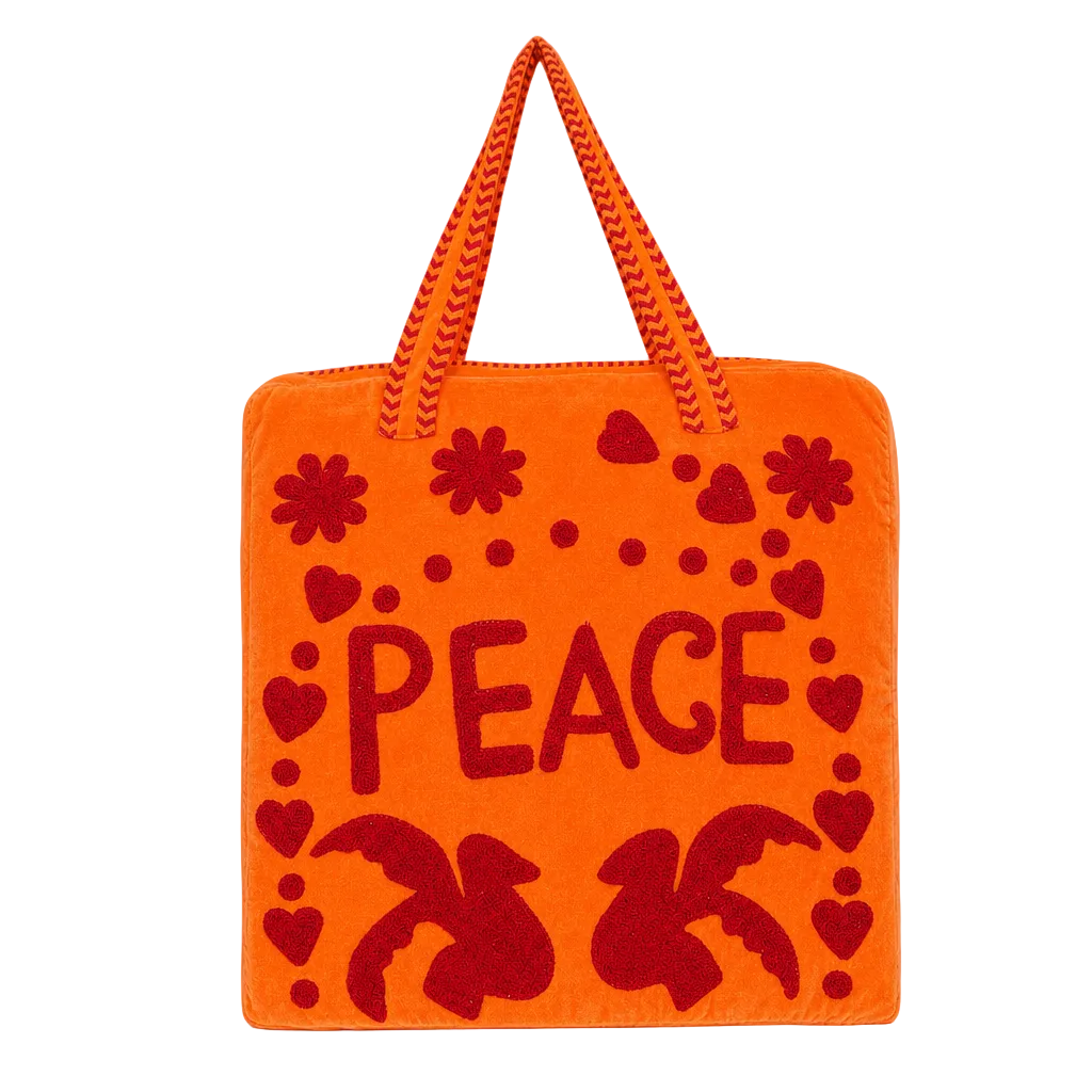 Peace Suzani Velvet Tote in Orange — handmade velvet tote with red PEACE motif, hearts and daisies, ethically made in Rajasthan, Conscious Yoga Collective