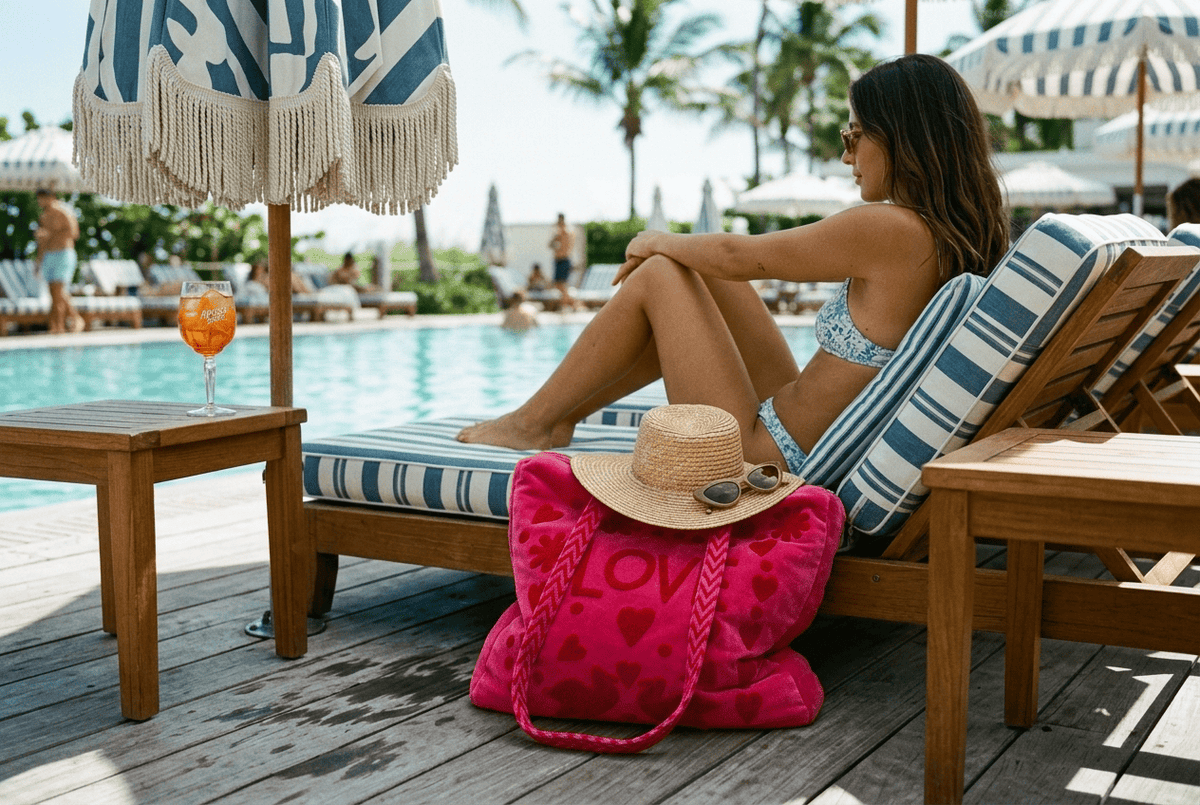 Love Suzani Velvet Tote in Hot Pink slouched on a beach club lounger deck with straw hat on top — handmade velvet tote from Conscious Yoga Collective