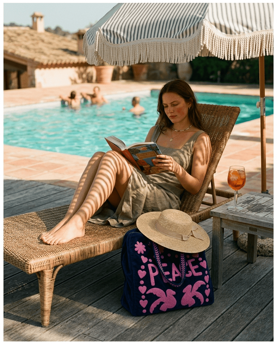 Rattan chair reading with the Peace Suzani Velvet Tote in Navy slumped on the deck — handmade in Rajasthan by Conscious Yoga Collective