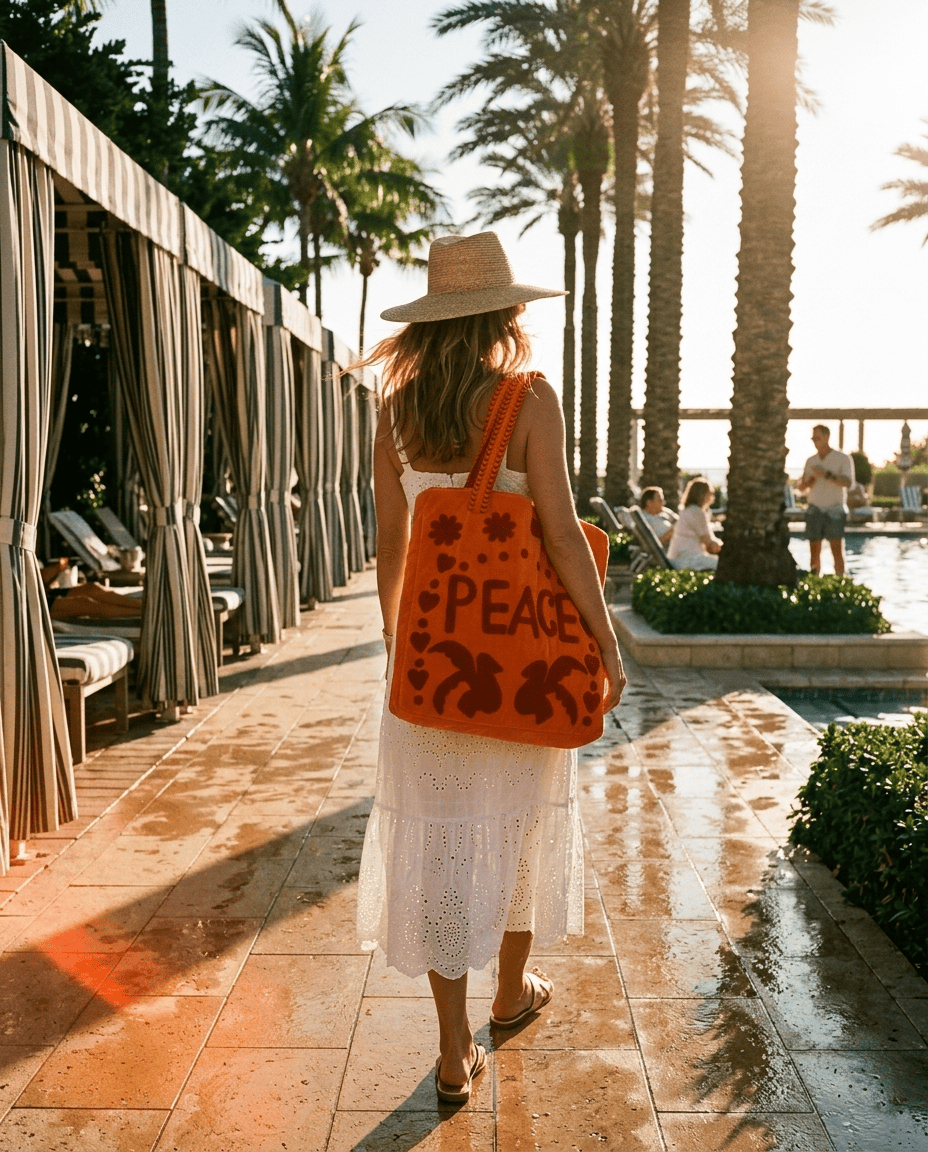 Golden hour palm shadow path walk with the Peace Suzani Velvet Tote in Orange — handmade in Rajasthan by Conscious Yoga Collective