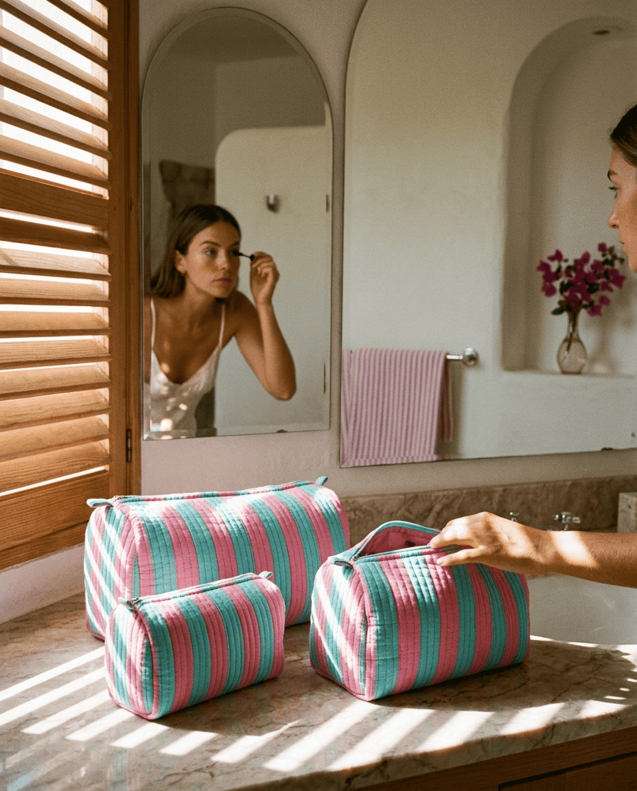 Hotel bathroom morning marble sink with the Striped Cotton Travel Set in Pink and Blue — handmade in Rajasthan by Conscious Yoga Collective
