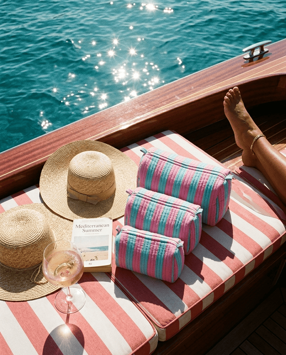 Riva boat deck with the Striped Cotton Travel Set in Pink and Blue on a striped boat cushion — handmade in Rajasthan by Conscious Yoga Collective