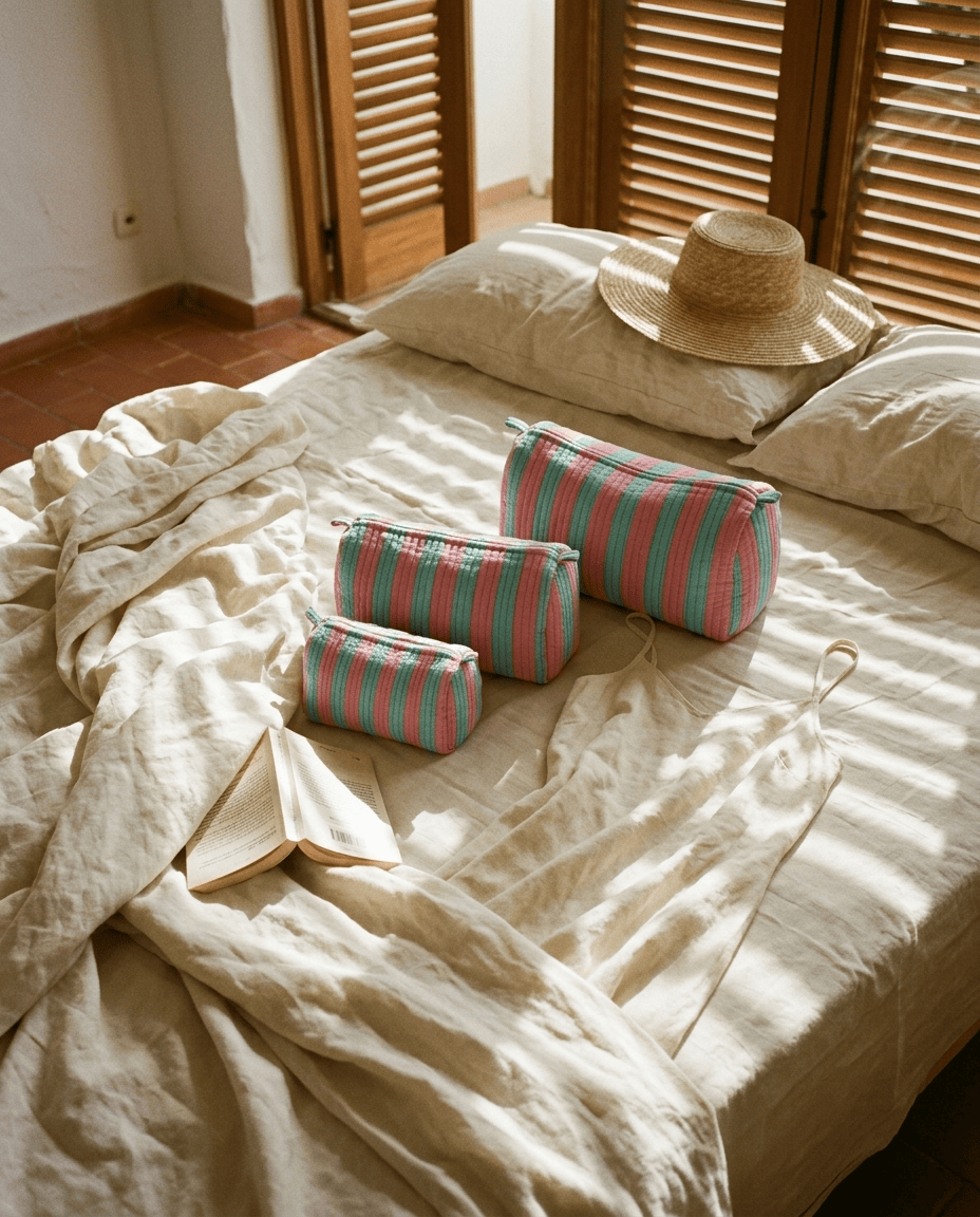 Hotel bed morning with the Striped Cotton Travel Set in Pink and Blue on linen sheets — handmade in Rajasthan by Conscious Yoga Collective