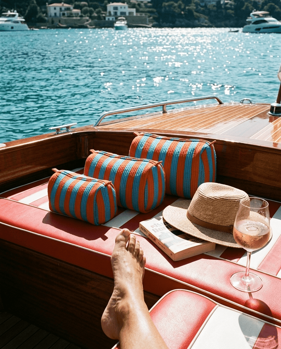 Riva boat deck with the Striped Cotton Travel Set in Orange and Blue on a striped boat cushion — handmade in Rajasthan by Conscious Yoga Collective