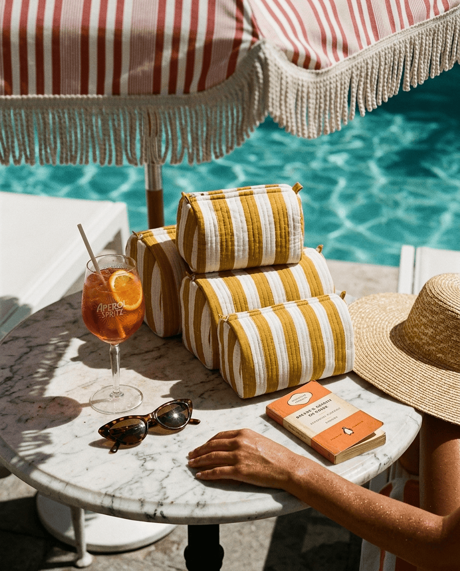 Marble poolside table with the Striped Cotton Travel Set in Gold — handmade in Rajasthan by Conscious Yoga Collective