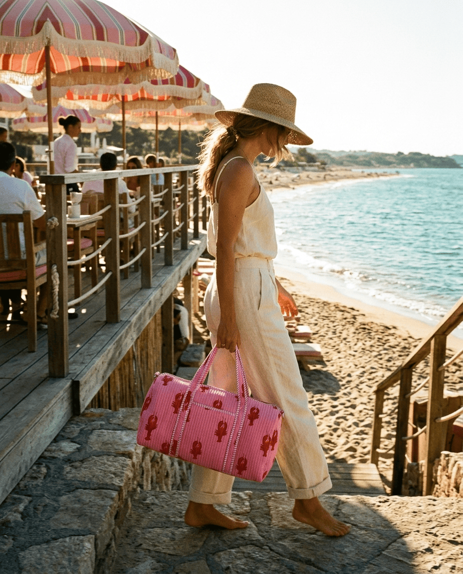 Golden hour stone beach steps descent with the Lobster Weekender in Pink hand-carried — handmade in Rajasthan by Conscious Yoga Collective
