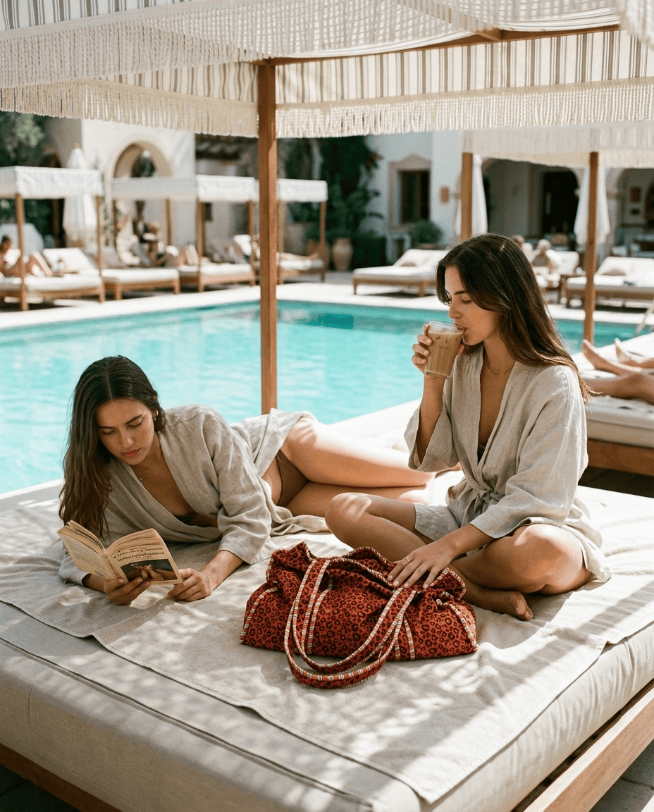 Two friends on a cabana daybed with the Velvet Leopard Tote in Orange between them — handmade in Rajasthan by Conscious Yoga Collective
