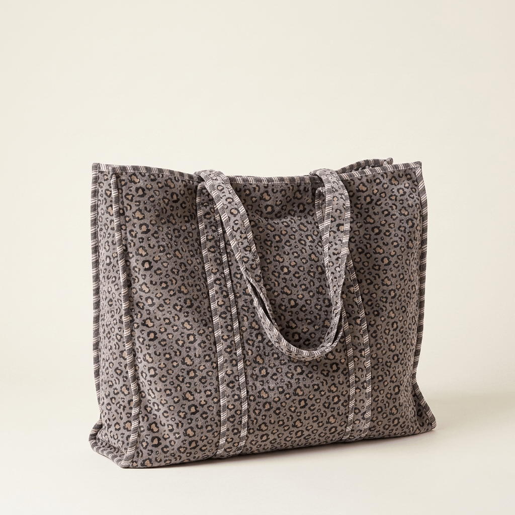 Velvet Leopard Tote in Grey — product shot on clean studio backdrop — handmade in Rajasthan by Conscious Yoga Collective