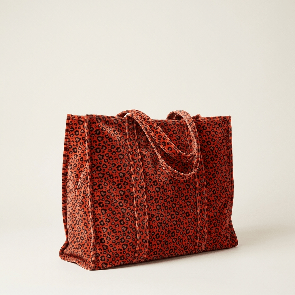 Velvet Leopard Tote in Orange — product shot on clean studio backdrop — handmade in Rajasthan by Conscious Yoga Collective