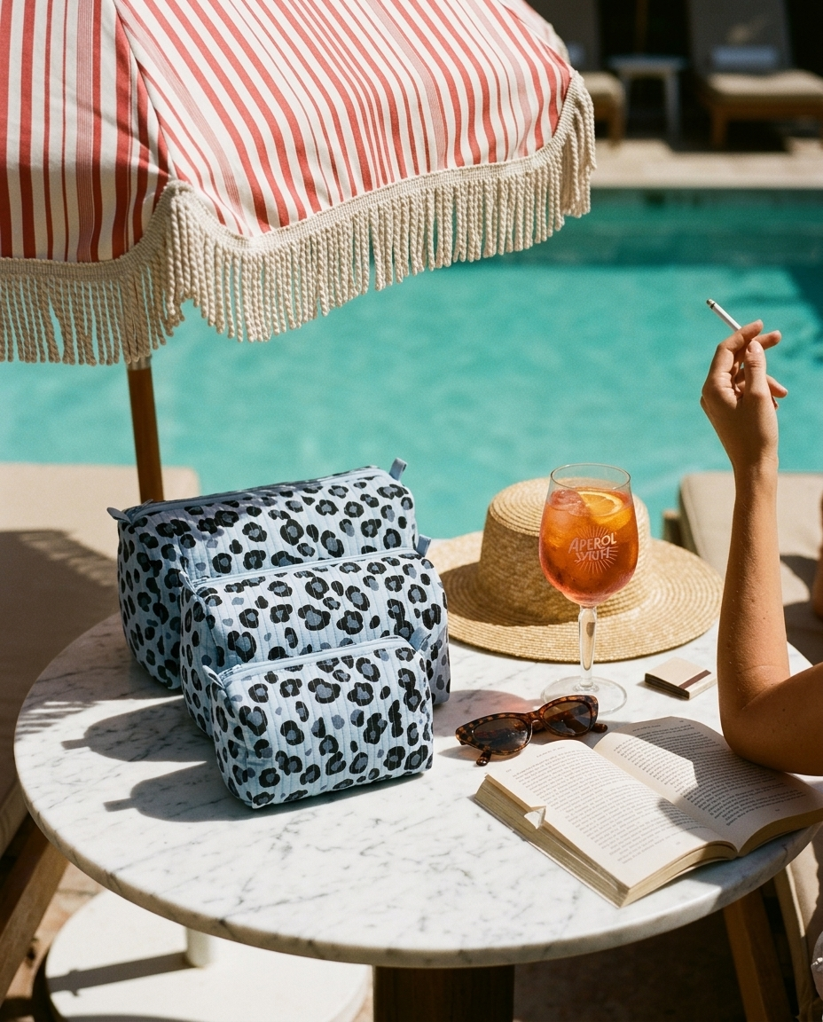 Marble poolside table under a striped cabana umbrella with the Leopard Travel Set in Blue — handmade in Rajasthan by Conscious Yoga Collective