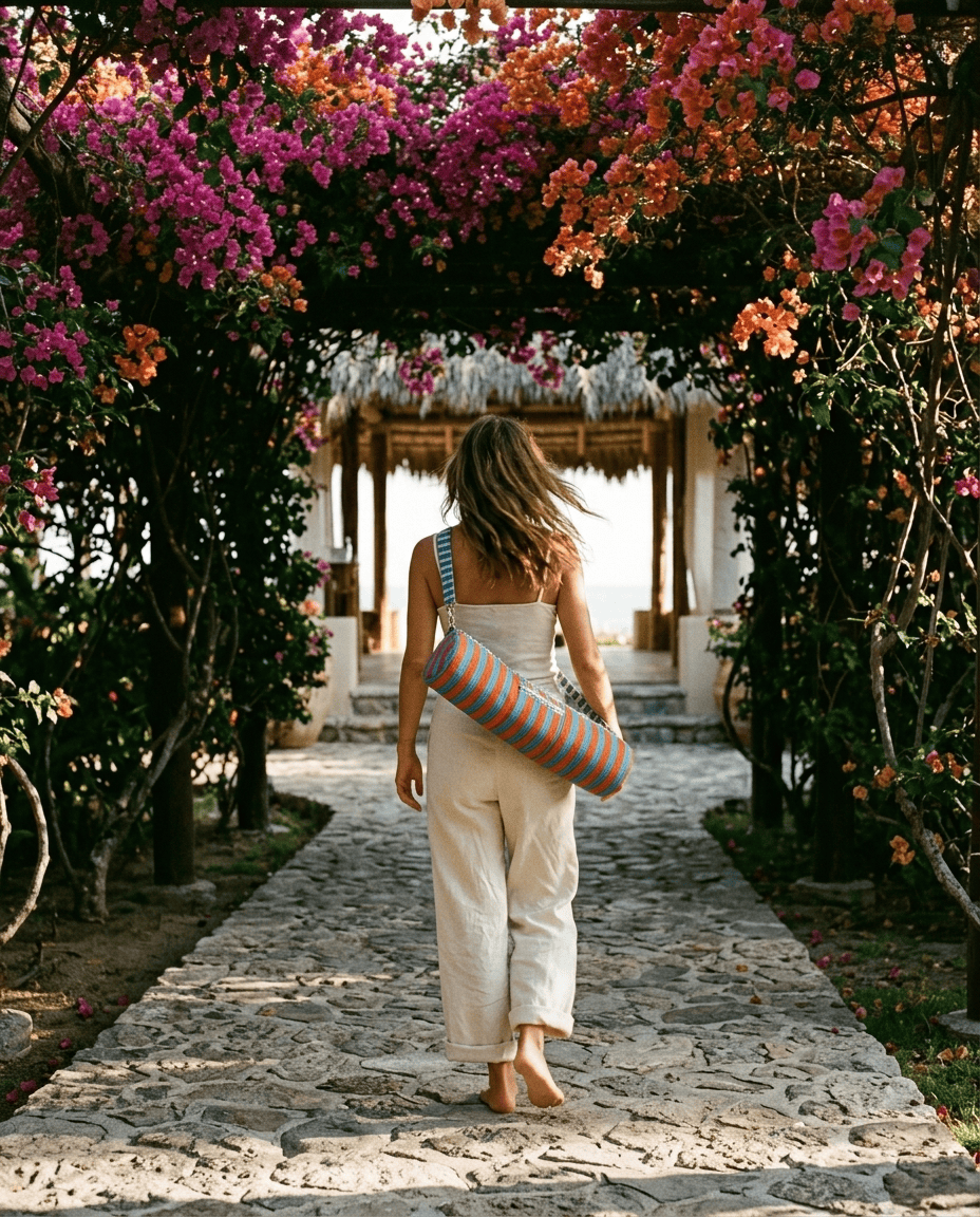 Bougainvillea path walk to a yoga pavilion at golden hour with the Striped Cotton Yoga Bag in Blue and Orange cross-body — handmade in Rajasthan by Conscious Yoga Collective