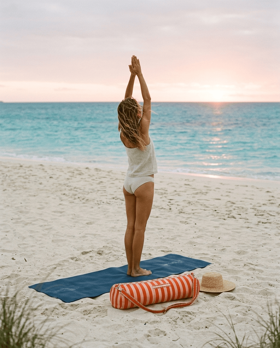 Dawn sun salutation on empty morning sand with the Striped Cotton Yoga Bag in Orange and White — handmade in Rajasthan by Conscious Yoga Collective
