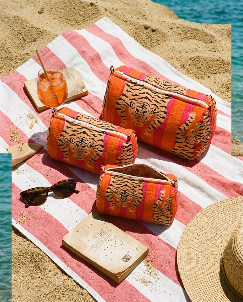 Tibetan Tiger 3 Piece Travel Set in orange and pink cotton, handmade and ethically made in Rajasthan, travel pouch set on a striped beach towel.