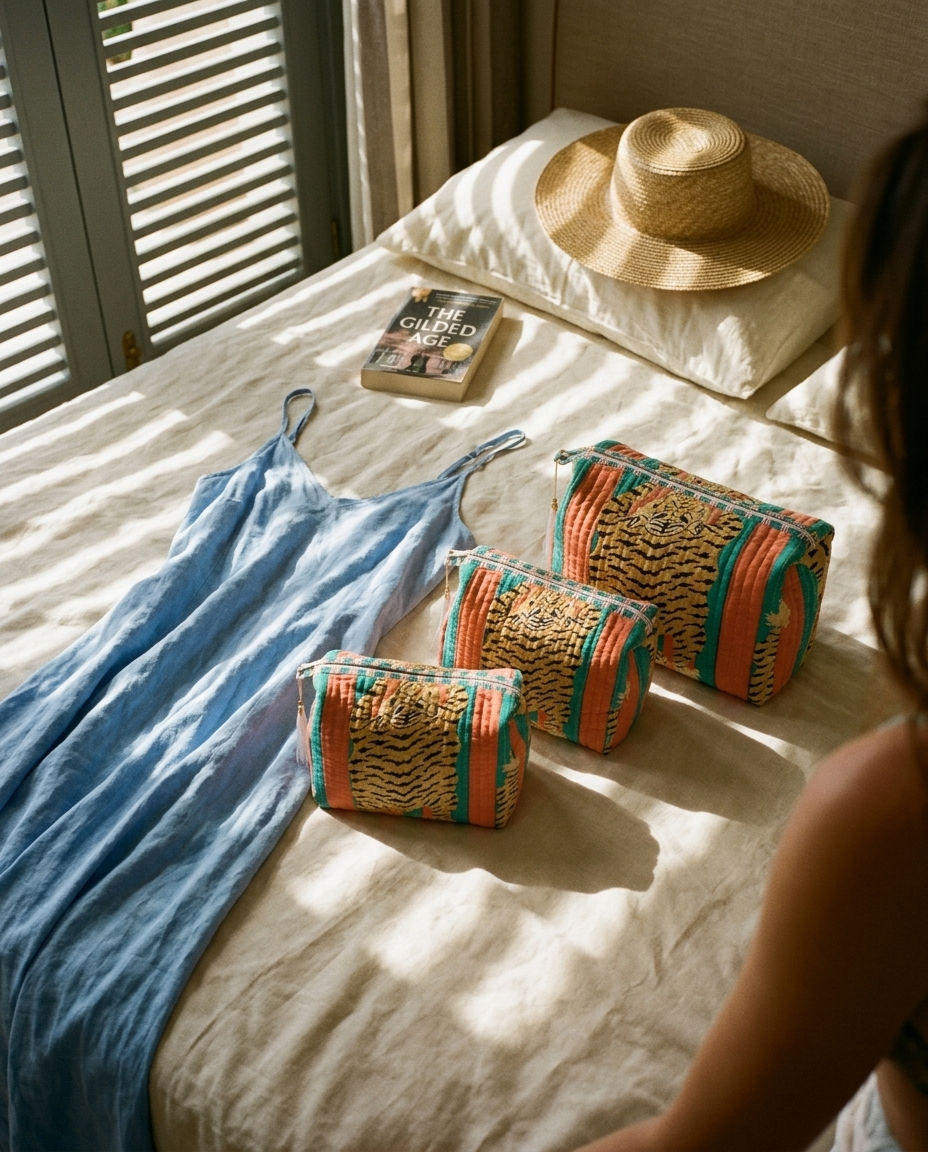Tibetan Tiger 3 Piece Travel Set in coral and teal cotton, handmade travel pouch set ethically made in Rajasthan, on sunlit linen beside a blue dress.
