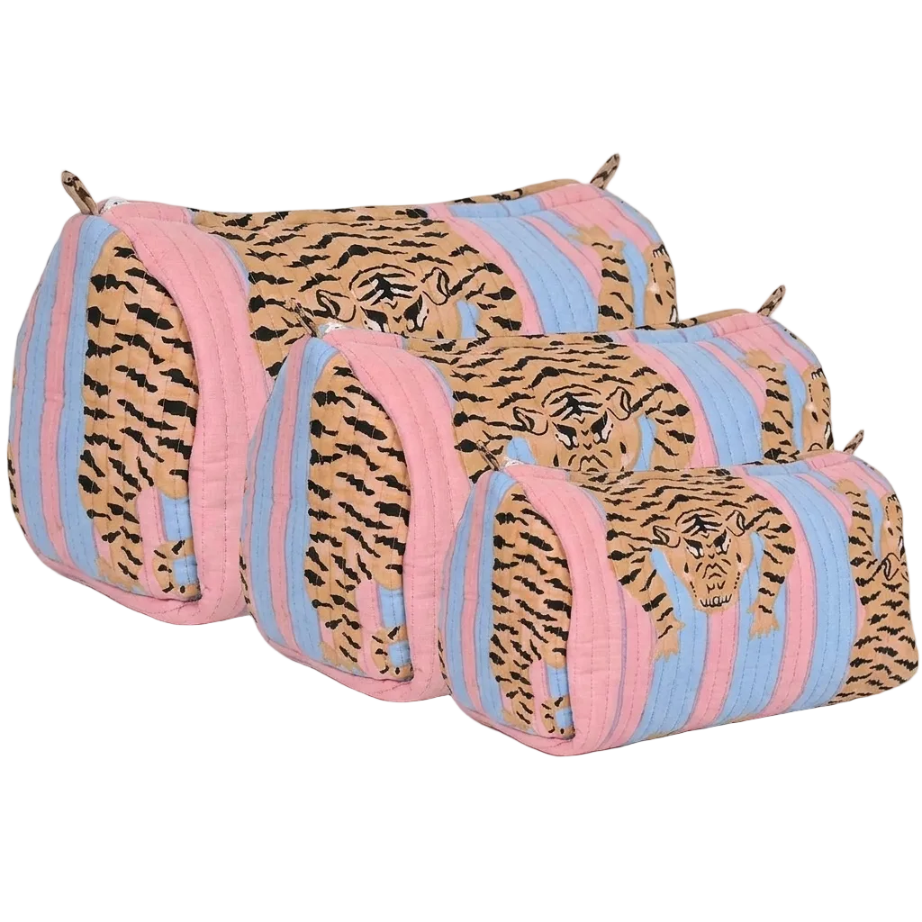 Tibetan Tiger 3 Piece Travel Set in Pink and Blue — in pink and pale blue cotton, handmade travel pouch set