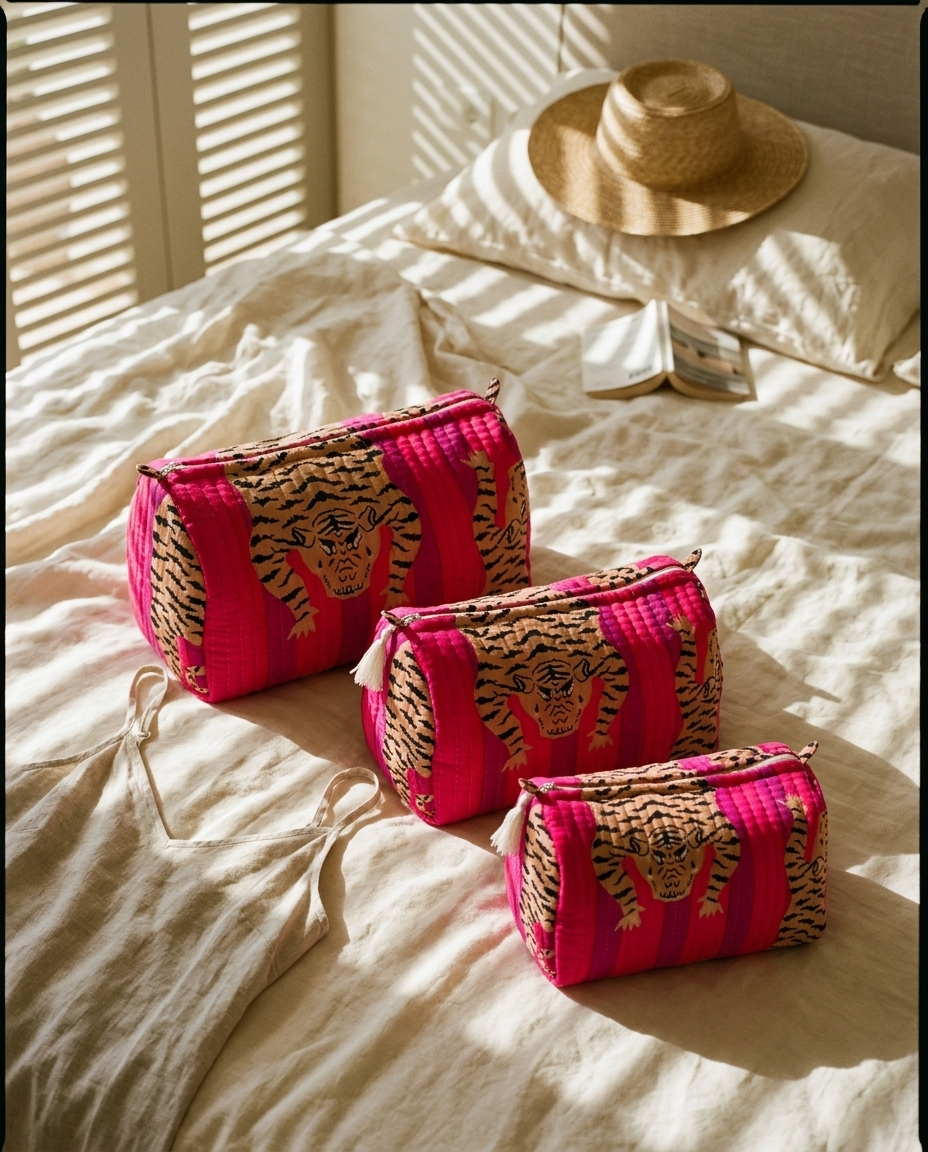 Tibetan Tiger 3 Piece Travel Set in magenta cotton, handmade travel pouch set ethically made in Rajasthan, morning shutter shadows falling across a bed.